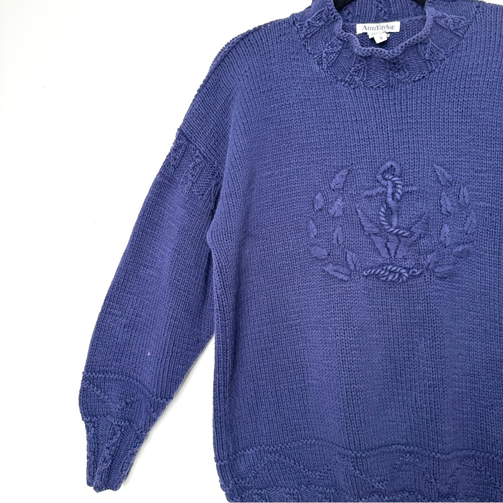 Vintage Ann Taylor Nautical Navy Old Money Preppy Embroidered Anchor Sweater - Picture 5 of 11